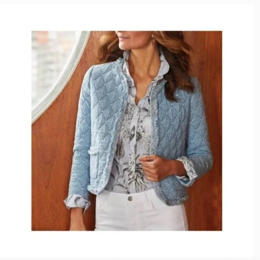 J. McLaughlin Women's Large Blue Helene Chambray Jacket Quilted Boho Light Blue - Picture 2 of 11